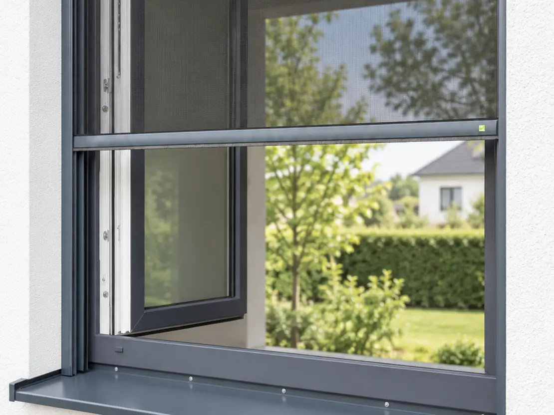 Fenster mit Neher Insektenschutz-Rollo, Blick in den Garten