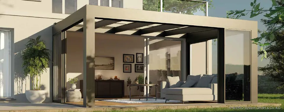 Wipro Terrassendach aus Aluminium mit Glasschiebewänden