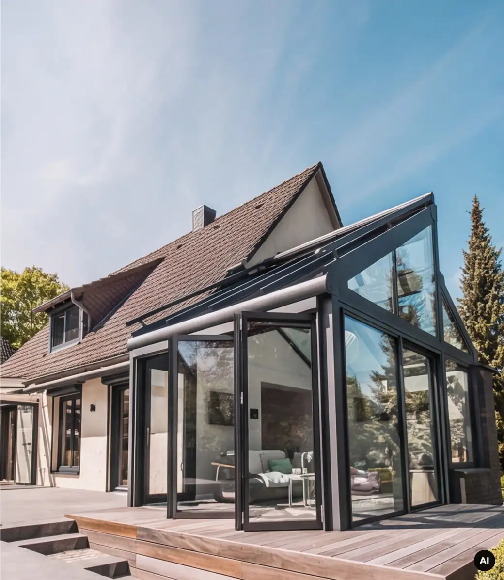 Wintergarten mit geöffneter Glas-Faltwand, der Raum geht in die Terrasse über